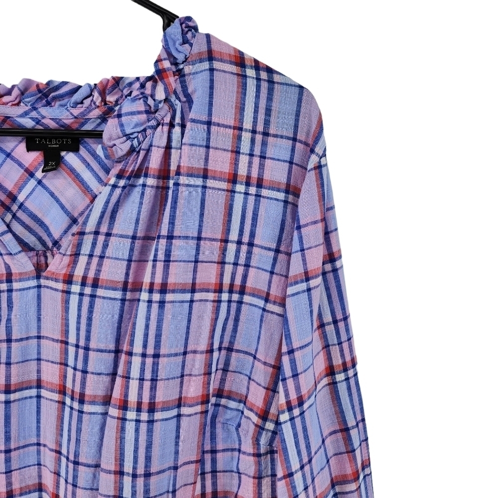 Talbots Women's Purple Plaid Ruffle Neck Blouse - 2X - Picture 2 of 5